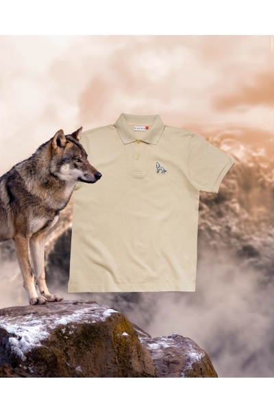 Koszulka Polo męska Basic z wilkiem szarym - beżowa